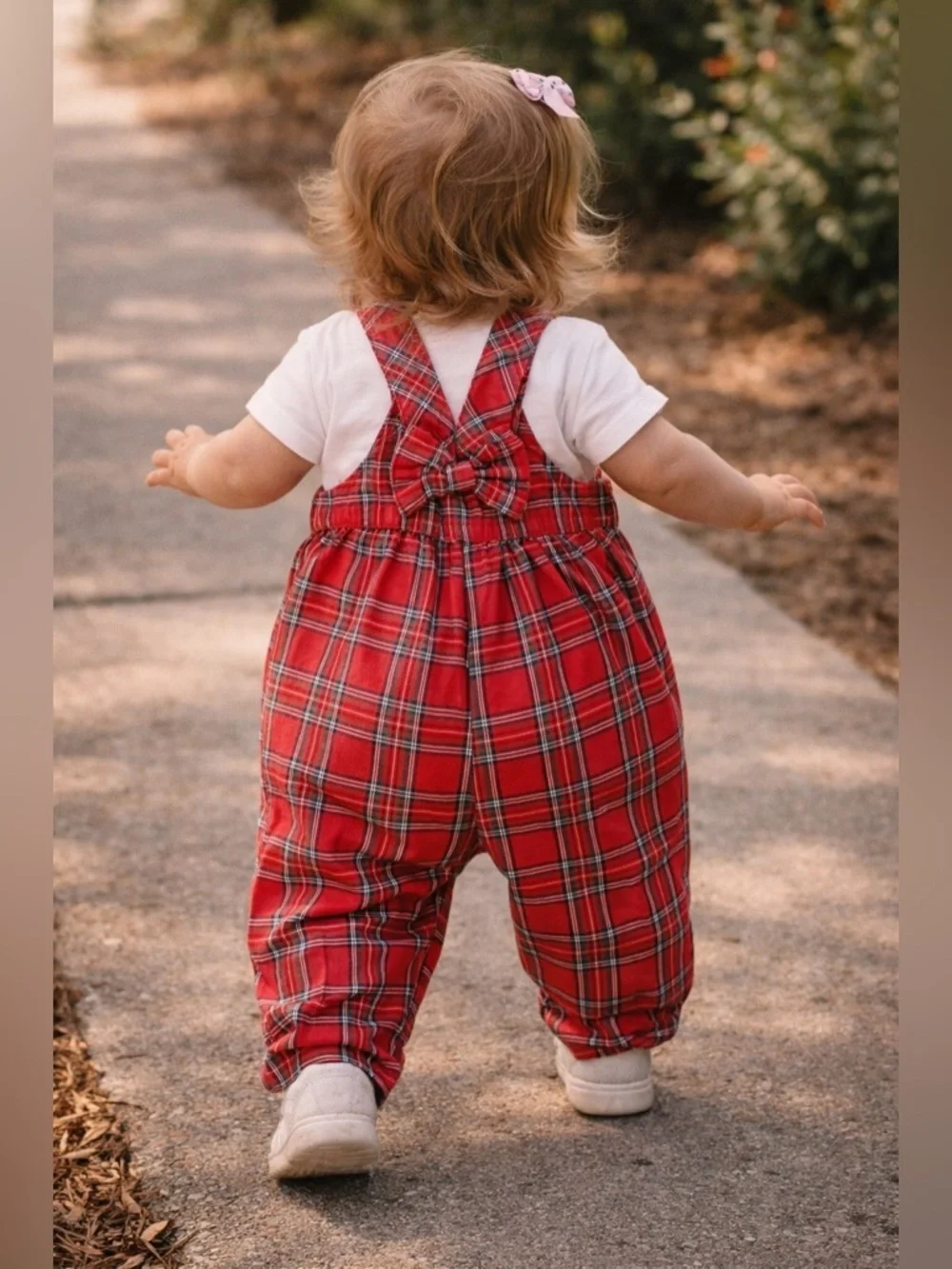 Vintage OshKosh B'Gosh Girls Overalls Sz 12 Month Red Plaid Bow Back Bubble Xmas